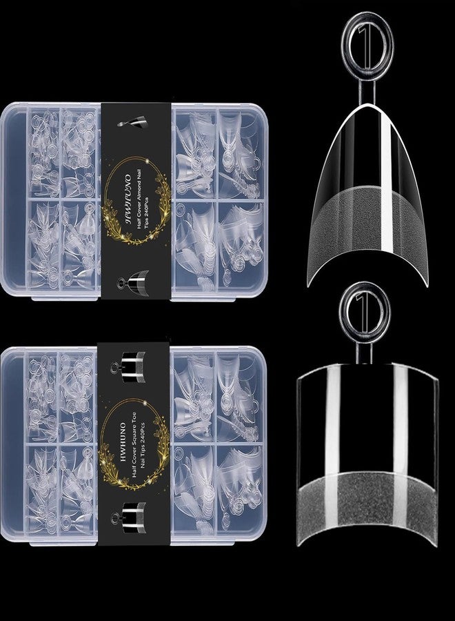 أطراف أظافر مربعة الشكل من HWHUNO وأطراف أظافر أكريليك لوزية صغيرة جدًا، نصف تغطية قصيرة، جل ناعم مُشكّل مسبقًا، وصلات أظافر قدم شفافة، 480 قطعة، 12 مقاسًا، علبتان - Image 1